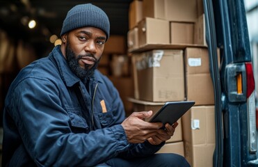 Black delivery person using tablet in dark blue uniform at vans back