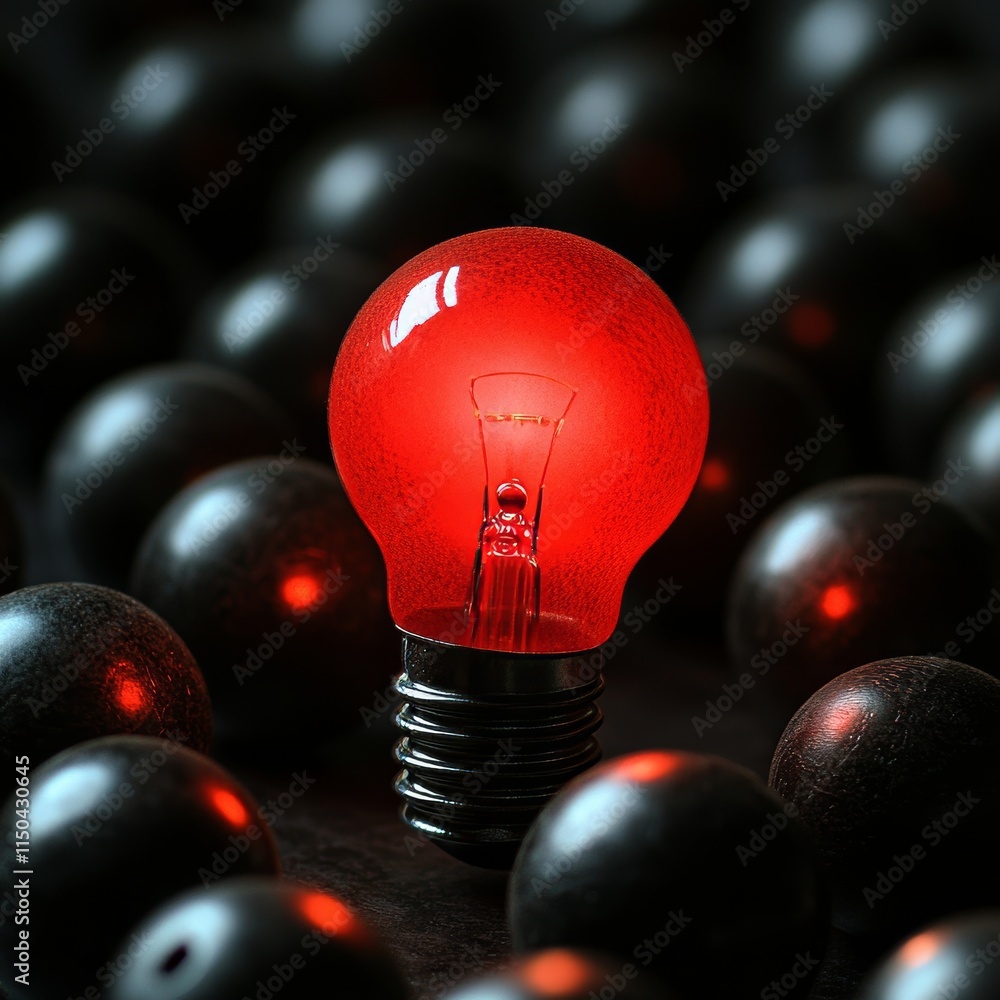Poster bright red light bulb surrounded by dark spheres in a creative display of contrast and texture using