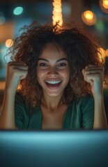 Fototapeta premium Happy young woman celebrating good news at her desk in the office