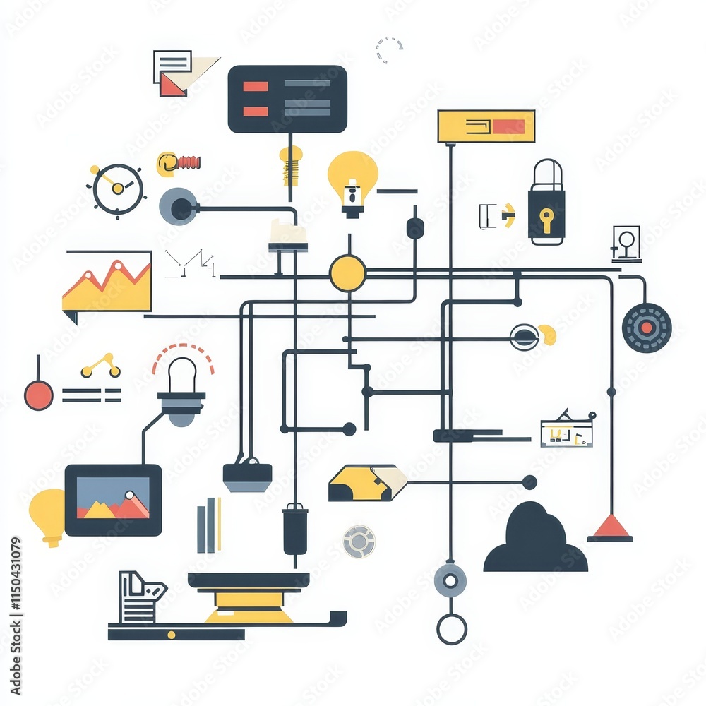 Aufkleber digital design showcasing various technology icons representing data analysis, security, and connect
