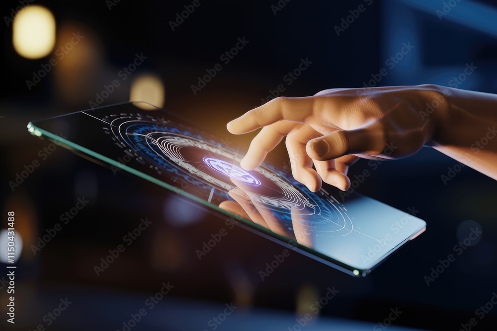 Leinwandbilder a hand interacts with a futuristic touchscreen interface displaying a glowing circular data visualiz