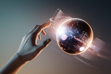 A hand interacts with a translucent sphere displaying futuristic data, representing technological advancements and innovation.