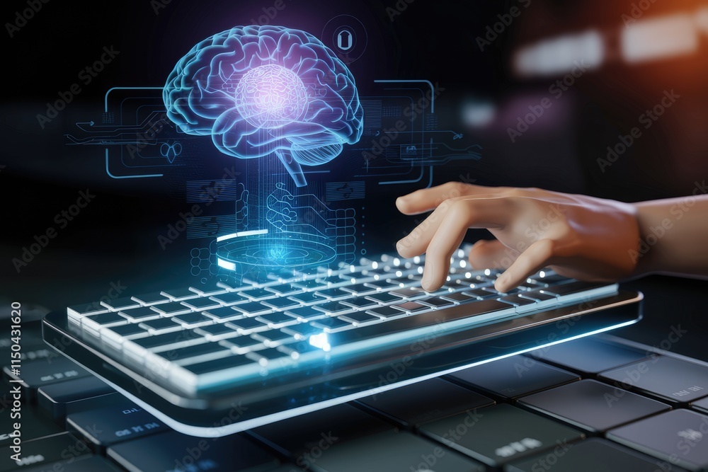 Leinwandbilder human hand interacts with a digital brain on a keyboard, symbolizing ai and technology's integration