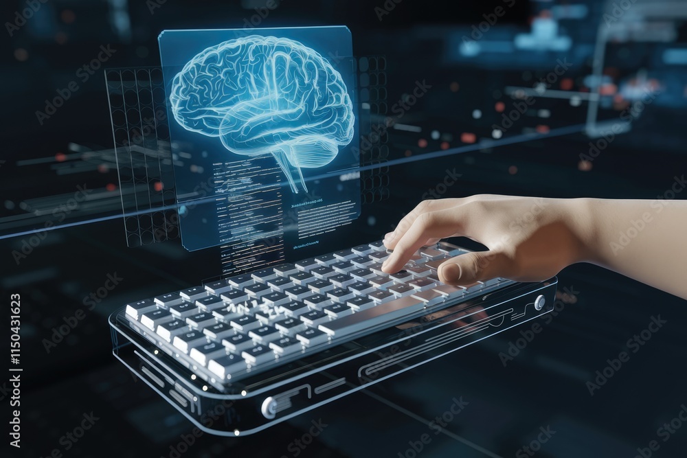 Leinwandbilder a hand interacts with a futuristic keyboard displaying a holographic brain, symbolizing ai and neura