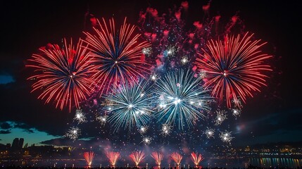 Vibrant Fireworks Lighting Up the Night Sky with Glowing Sparkles