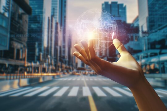 A hand hovers over a glowing digital globe, symbolizing global connectivity and technological advancement in a modern city.