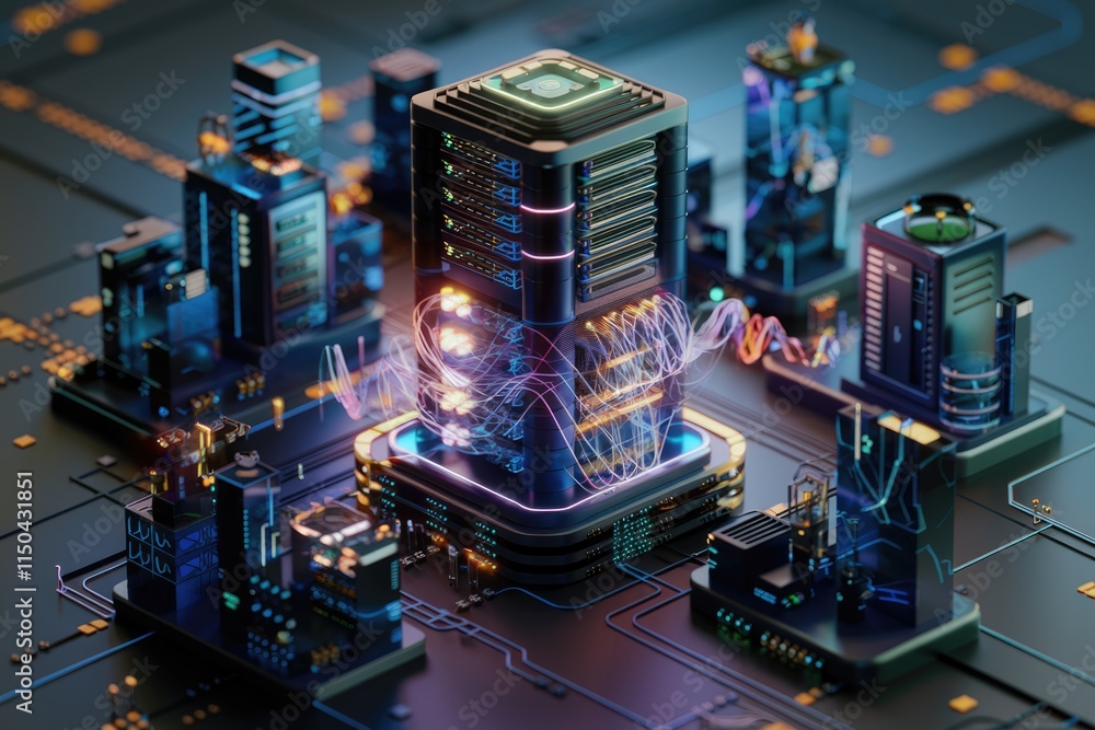 Poster A futuristic data center with interconnected servers processing information, visualized as glowing energy streams.