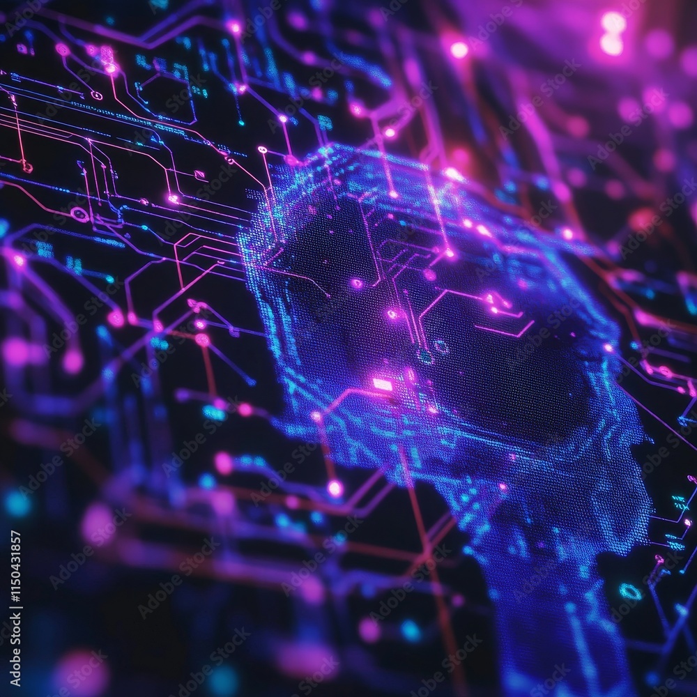 Poster exploring a vibrant digital landscape of circuitry and neon lights with a focus on a key shape amids