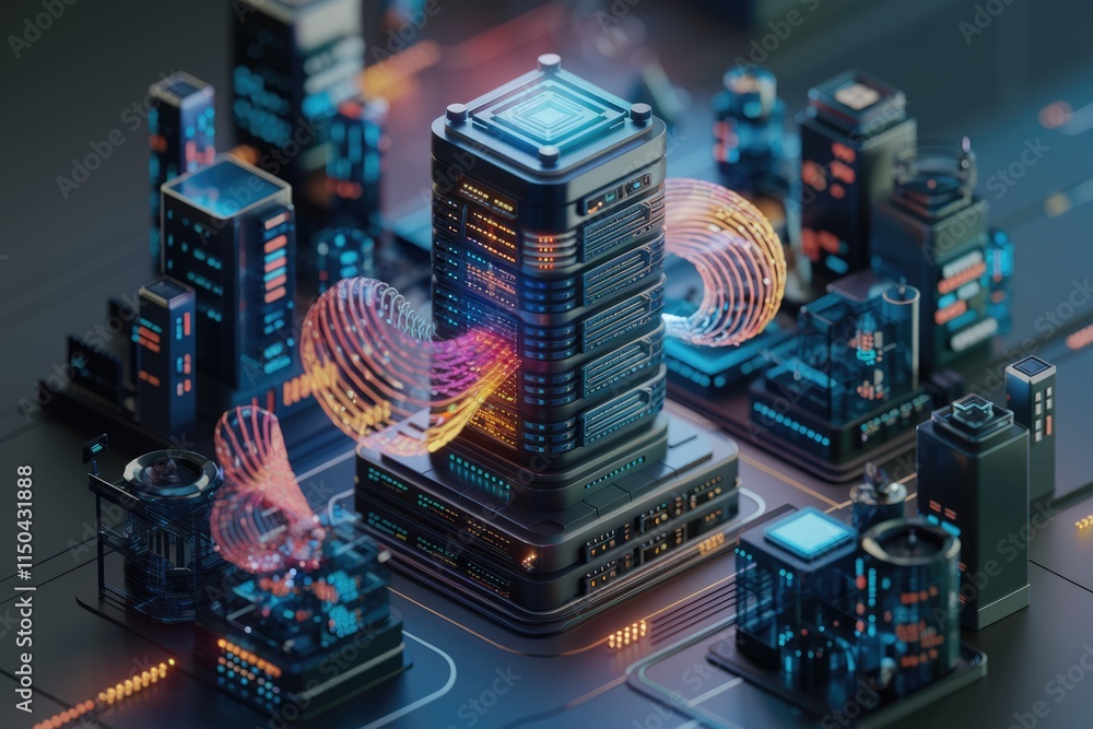 Poster A futuristic cityscape of interconnected servers and data streams, symbolizing the digital age.