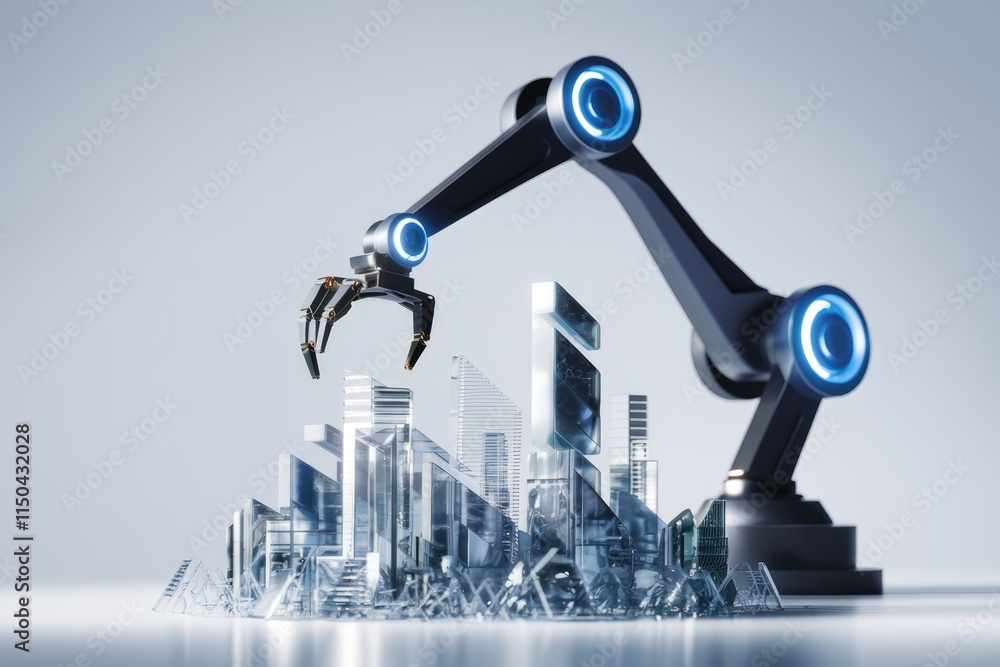 Poster Robotic arm constructing a futuristic glass cityscape, symbolizing technological advancement and urban development.