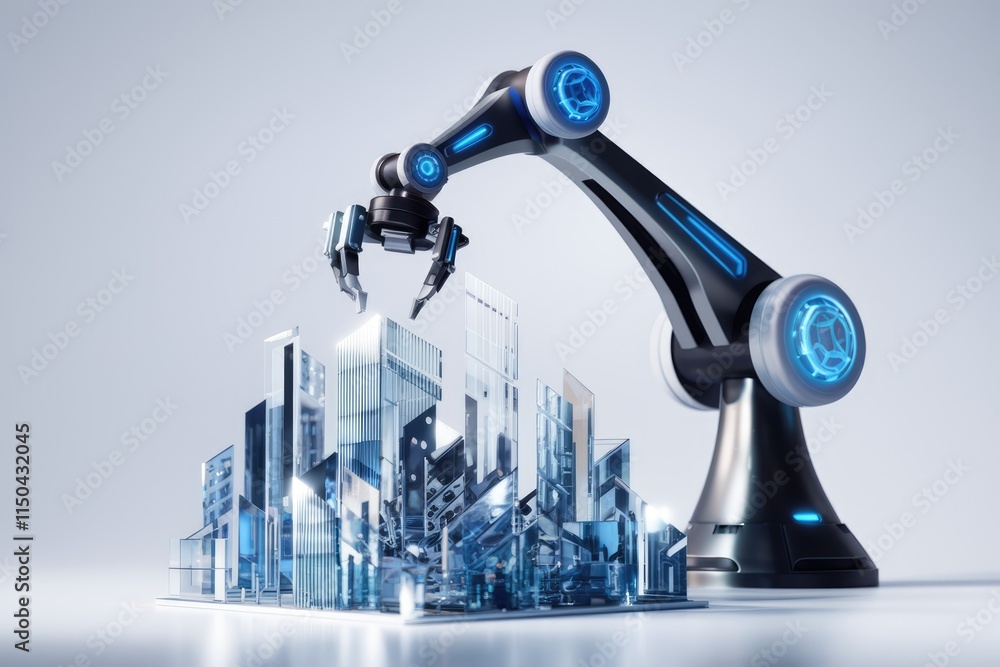 Aufkleber Robotic arm constructing a futuristic glass city model, representing automation in urban development.