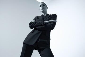 Obraz premium Confident woman in a sharp black suit, arms crossed, powerful pose.