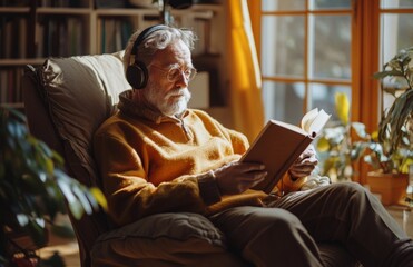 Elderly man reading a book, reflecting on life, listening to music at home