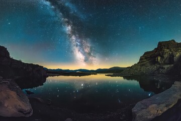 Milky Way Galaxy Reflecting Over Serene Mountain Lake