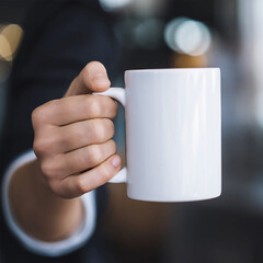 A close-up of a hand holding a white ceramic mug, showcasing minimalistic design and a cozy moment perfect for enjoying coffee, tea, or any warm beverage in a relaxing atmosphere