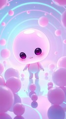 Fototapeta premium A charming 3D scene with pastel colors featuring cute, round, cat-like creatures and luminous bubbles, creating a serene and dreamy landscape.