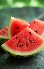 Juicy sliced watermelon pieces placed on a wooden table outdoors