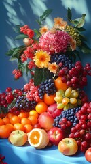 Colorful fruit arrangement with sunflowers and greenery against blue background