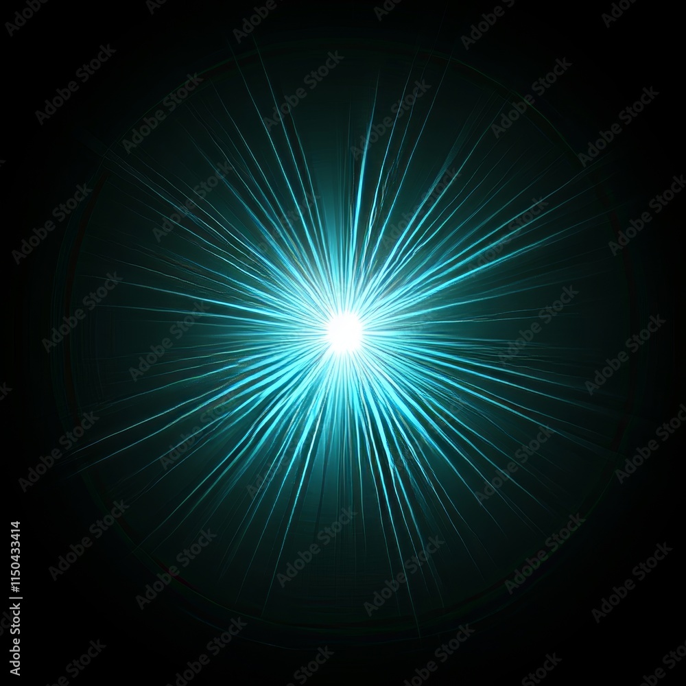 Poster bright turquoise light emanating from a central point, surrounded by radiant beams in a dark setting