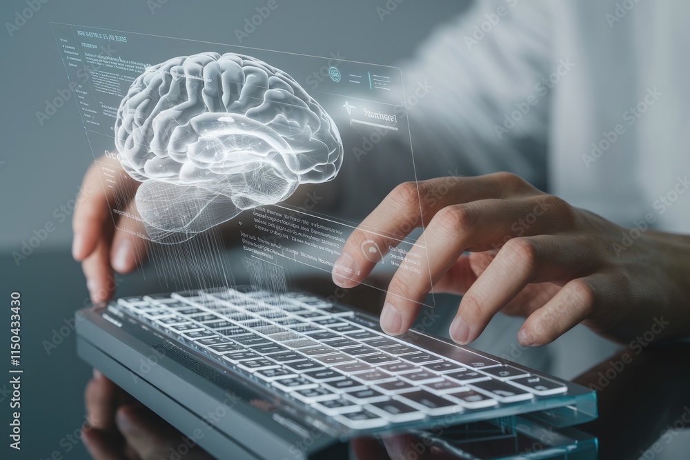 Aufkleber a futuristic depiction of a person interacting with a holographic brain interface on a transparent k