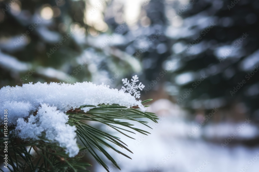 Poster a single snowflake rests delicately on a snow-covered pine branch in a winter forest.