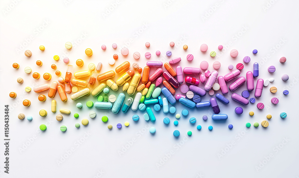 Aufkleber a vibrant array of colorful pills and tablets arranged in a gradient, showcasing a spectrum of color