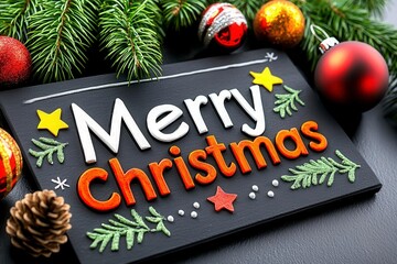 A photostock of a vintage chalkboard with handwritten "Merry Christmas" surrounded by festive decorations like ornaments and pinecones. High Quality