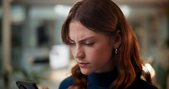 Business, confused woman and phone in office for article mistake, proposal feedback doubt and review fail. Journalist, frown and smartphone for reading bad press report or fake online news at night
