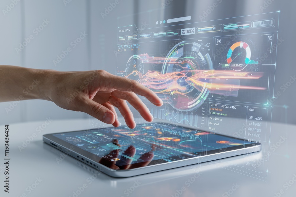 Poster A hand interacts with a holographic display of data visualizations projected from a tablet.