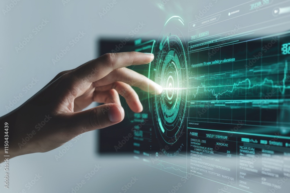 Poster A hand interacts with a futuristic digital interface showcasing data visualizations and graphs.