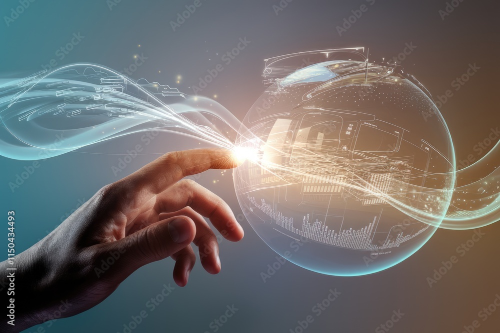 Leinwandbilder A hand interacts with a translucent sphere displaying complex data streams, representing digital connection and global network.