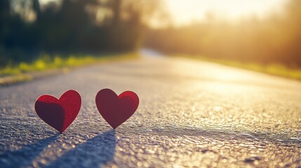 Fototapeta premium Two small paper hearts on a sunlit road, symbolizing love and connection during a peaceful afternoon, with copy space