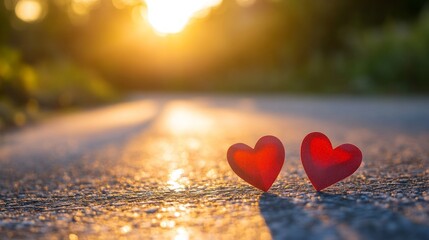 Fototapeta premium Two small paper hearts on a sunlit road, symbolizing love and connection during a peaceful afternoon, with copy space