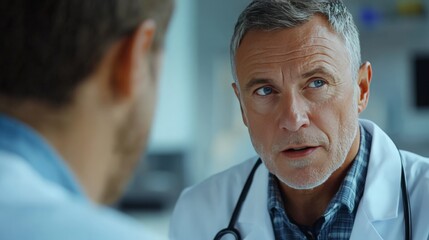 Fototapeta premium A man healthcare professional listens attentively to a patient in a bright, welcoming office, creating a supportive atmosphere during a routine check-up. Generative AI