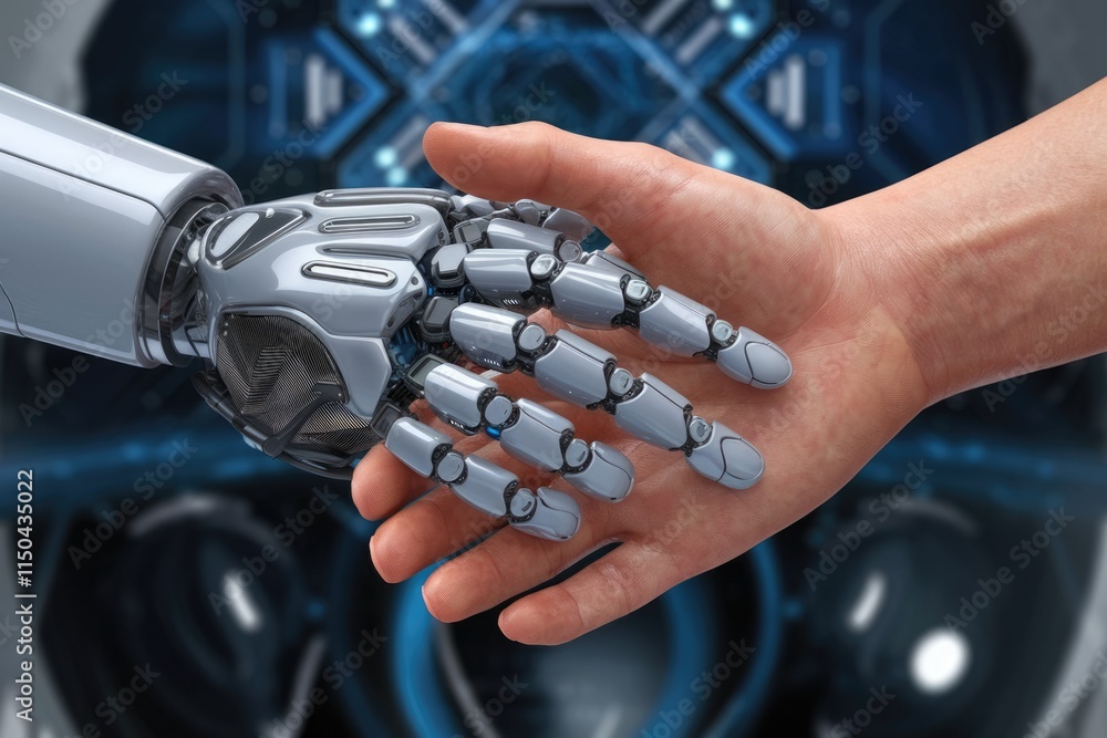Aufkleber a robotic hand shakes a human hand, symbolizing collaboration between humans and ai in a futuristic 