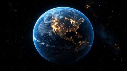 Fototapeta premium Beautiful View of Earth From Space Showcasing North America Illuminated at Night With Clouds and Stars in the Background