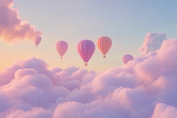 Fototapeta premium A panoramic view of several brightly colored hot air balloons 