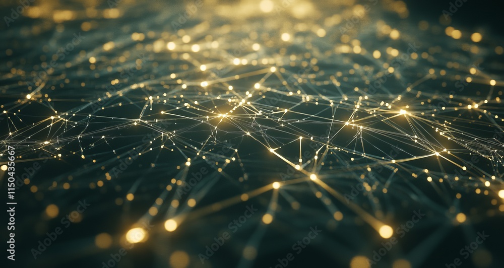 Poster network of glowing golden lines connecting together in an abstract representation of digital communi
