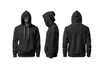 Blank black hoodie template. Hoodie sweatshirt long sleeve with clipping path, hoody for design mockup for print, isolated on white background