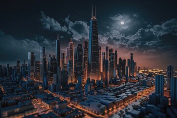 Obraz premium Night cityscape with skyscrapers illuminated under a full moon and cloudy sky.