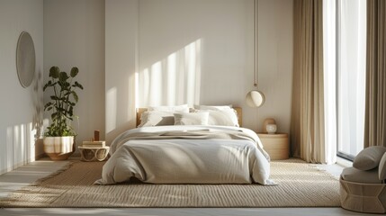 3D rendering of minimalist bedroom with neutral decor and soft lighting