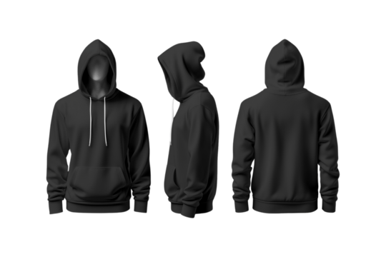 Blank black hoodie template. Hoodie sweatshirt long sleeve with clipping path, hoody for design mockup for print, isolated on white background