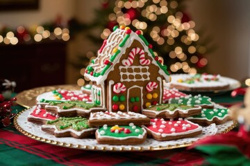 Fototapeta premium A charming gingerbread house surrounded by festive cookies, creating a delightful Christmas scene.