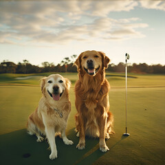 Two dogs are sitting on a green golf course