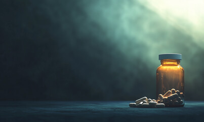 Pharmacy medicine pills and supplements in a dark environment with amber bottle capturing the essence of health and wellness