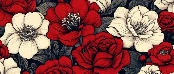 Vintage decorative bloom flowers seamless pattern for wallpaper. Traditional Floral Chinoiserie. Flowers illustration, red and cream floral wallpaper