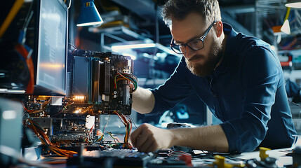 A man is working on a computer monitor