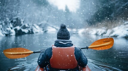 A kayaker wearing a winter hat and scarf paddling through a serene winter river surrounded by snow.