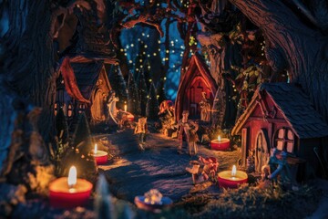 Enchanted fairy village nestled in a dark forest, illuminated by candlelight, showcasing miniature houses and figurines.
