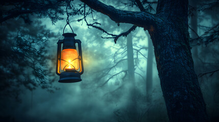 A lantern hanging from a crooked tree its flame burning bright and small tendrils of smoke drifting into a misty eerie forest.